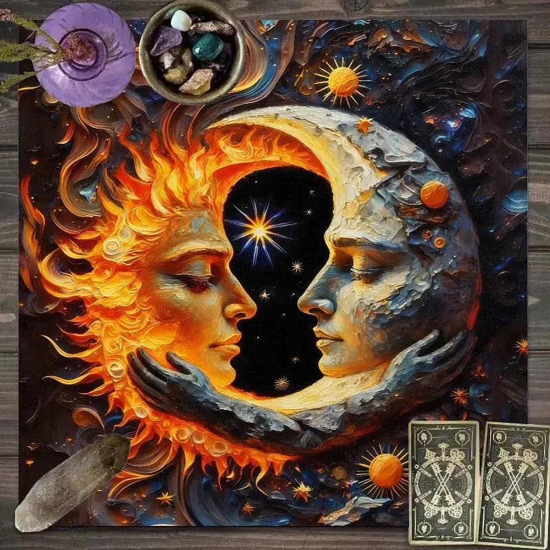 VIKAMA Oil Painting Sun Moon Face Tarot Cloth Witch Altar Mat Wicca Divination Oracle Card Crystal Grid Ritual Decor
