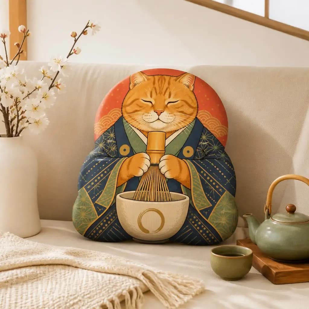 Japanese Tea Ceremony Cat Plush Pillow Zen Matcha Cushion Shaped Stuffed Throw Pillow Meditation Decor Gift for Cat Lovers