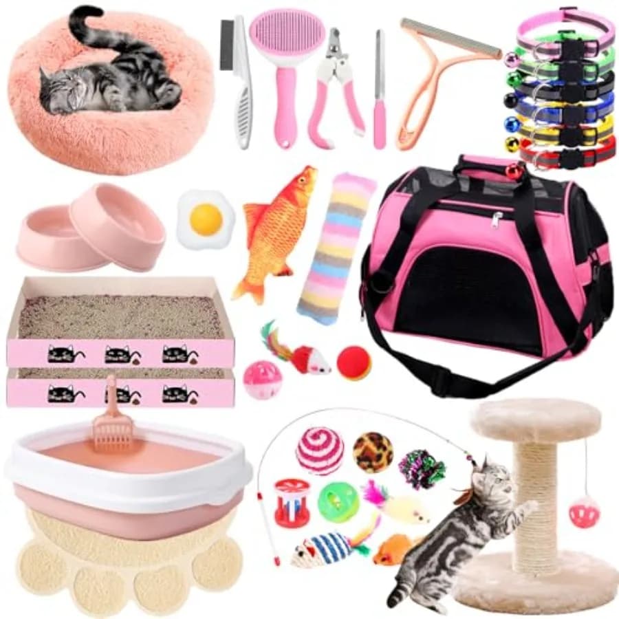 Kit Essenziale per Gattini da Interno, 37 Pezzi, Include Cuccia, Trasportino, Tappetino e Lettiera