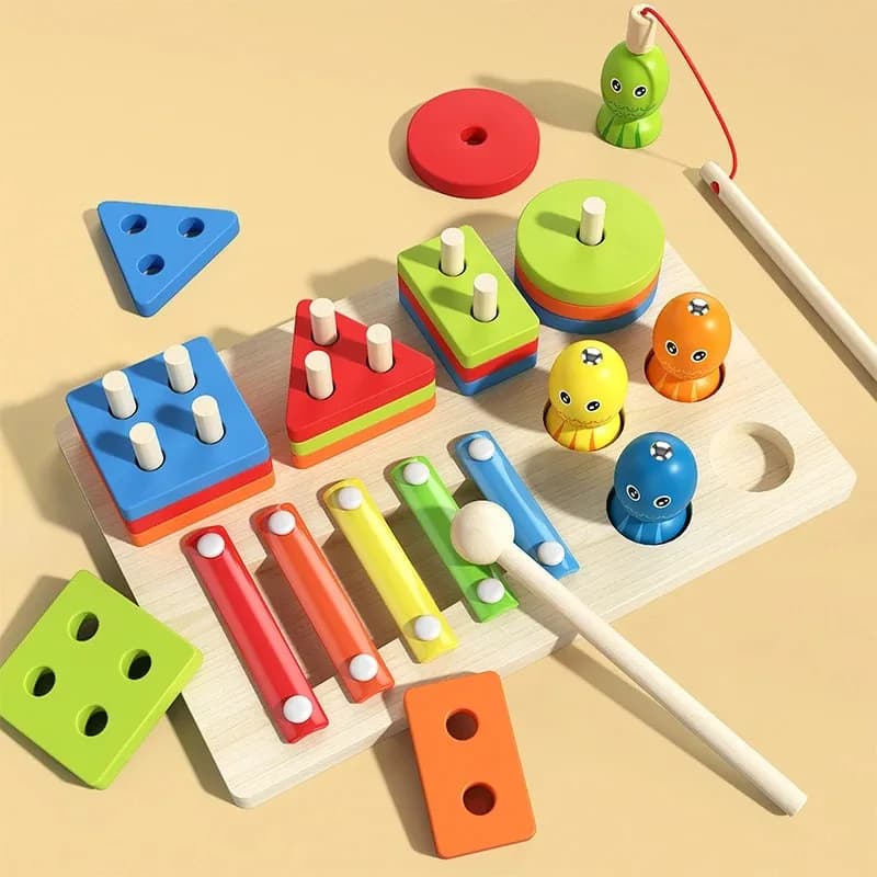 Giocattoli in Legno Montessori per Bambini, Blocchi Geometrici Colorati, Puzzle di Forme, Mattoncini per Ordinare e Impilare