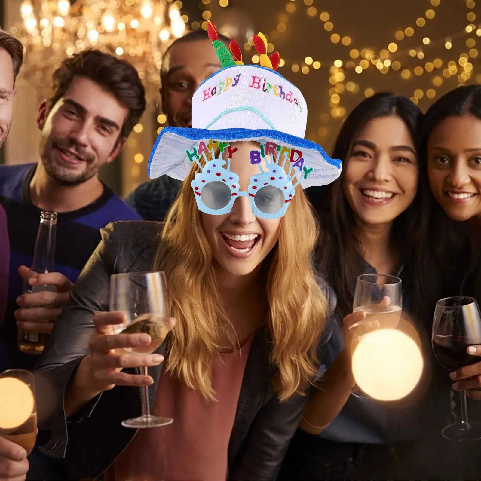 Set Divertente di Cappello per Torta di Compleanno e Occhiali da Sole 'Happy Birthday' per Foto e Decorazioni per Feste in Maschera