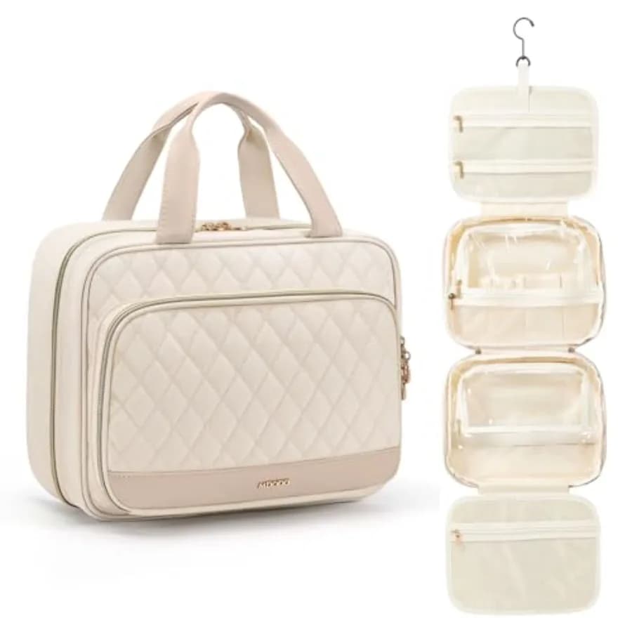 Borsa da Viaggio Beige per Cosmetici e Trucchi da Donna, Organizer da Appendere Portatile per Articoli da Toilette e Make-up, Essenziale per il Viaggio Femminile