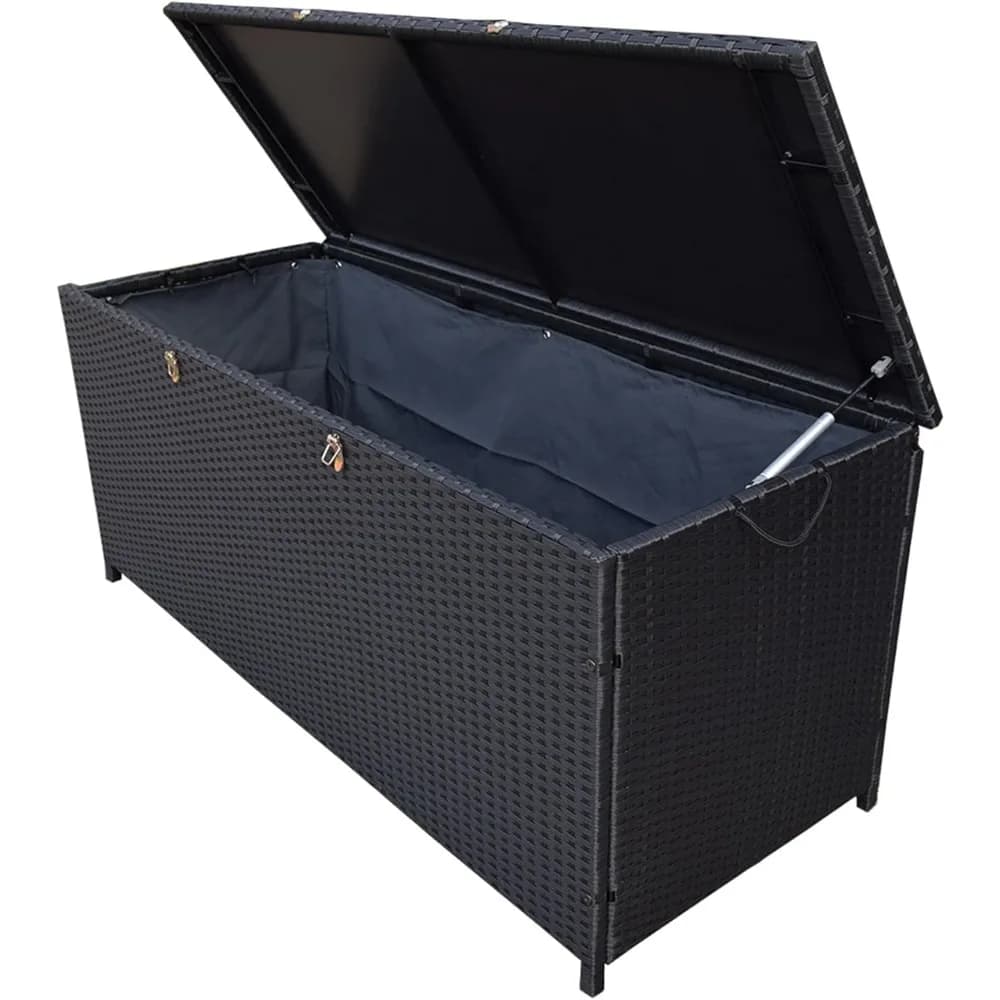 indoor and outdoor balcony, patio, terrace, porch, swimming pool, 113 gallon wicker container, with black metal structure