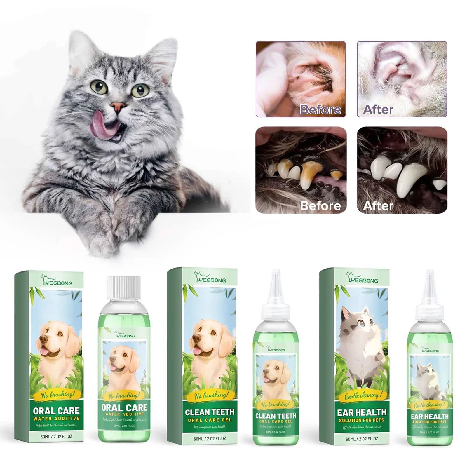 Detergente per le orecchie del cane Pulizia degli odori dello sporco dell'orecchio Controllo dei prurito degli acari Sbiancamento dei denti Deodorante per la bocca Rimuovi il tartaro Soluzione per l'igiene orale degli animali domestici
