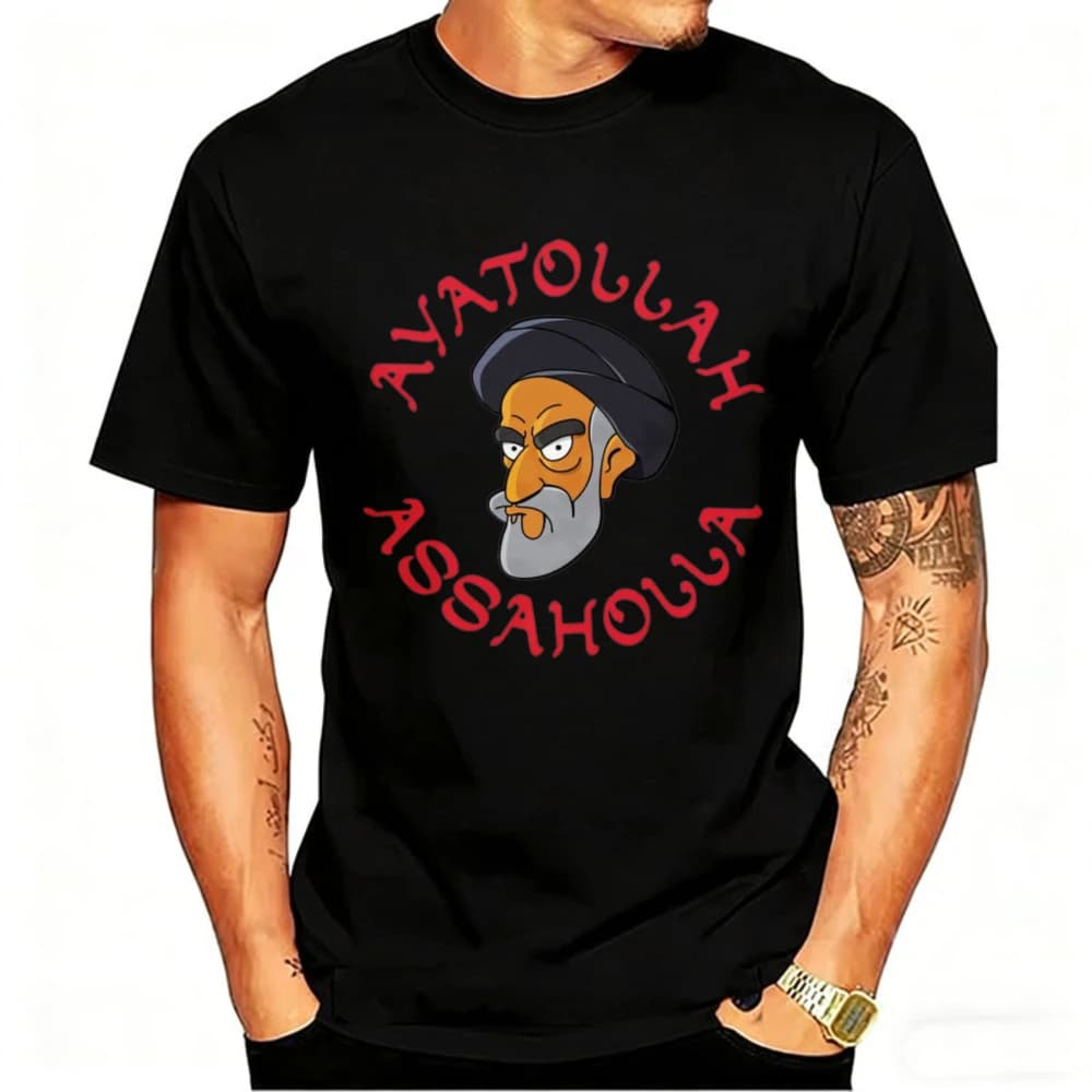 Ayatollah Assaholla Simpsons Parody Funny Graphic Tee Controversial Pop Culture Apparel Casual T-Shirt Regular Short Sleeve