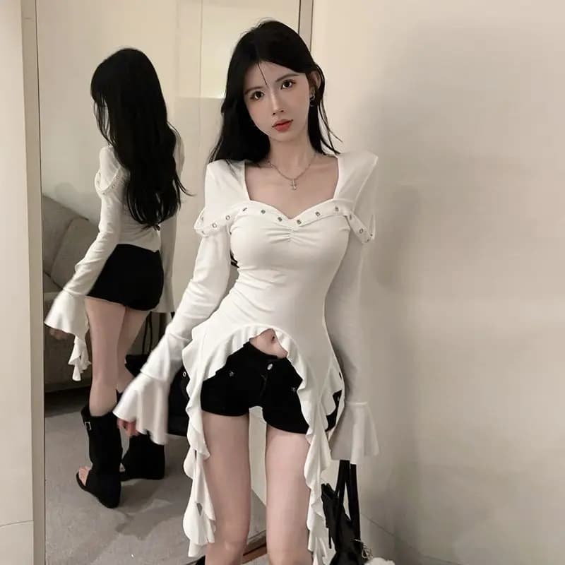 Pure Desire Spicy Girl Long Sleeve T-Shirt Design Sensation Uneven Hem Gauze Bell Sleeve Slim Fit White Top with Sash