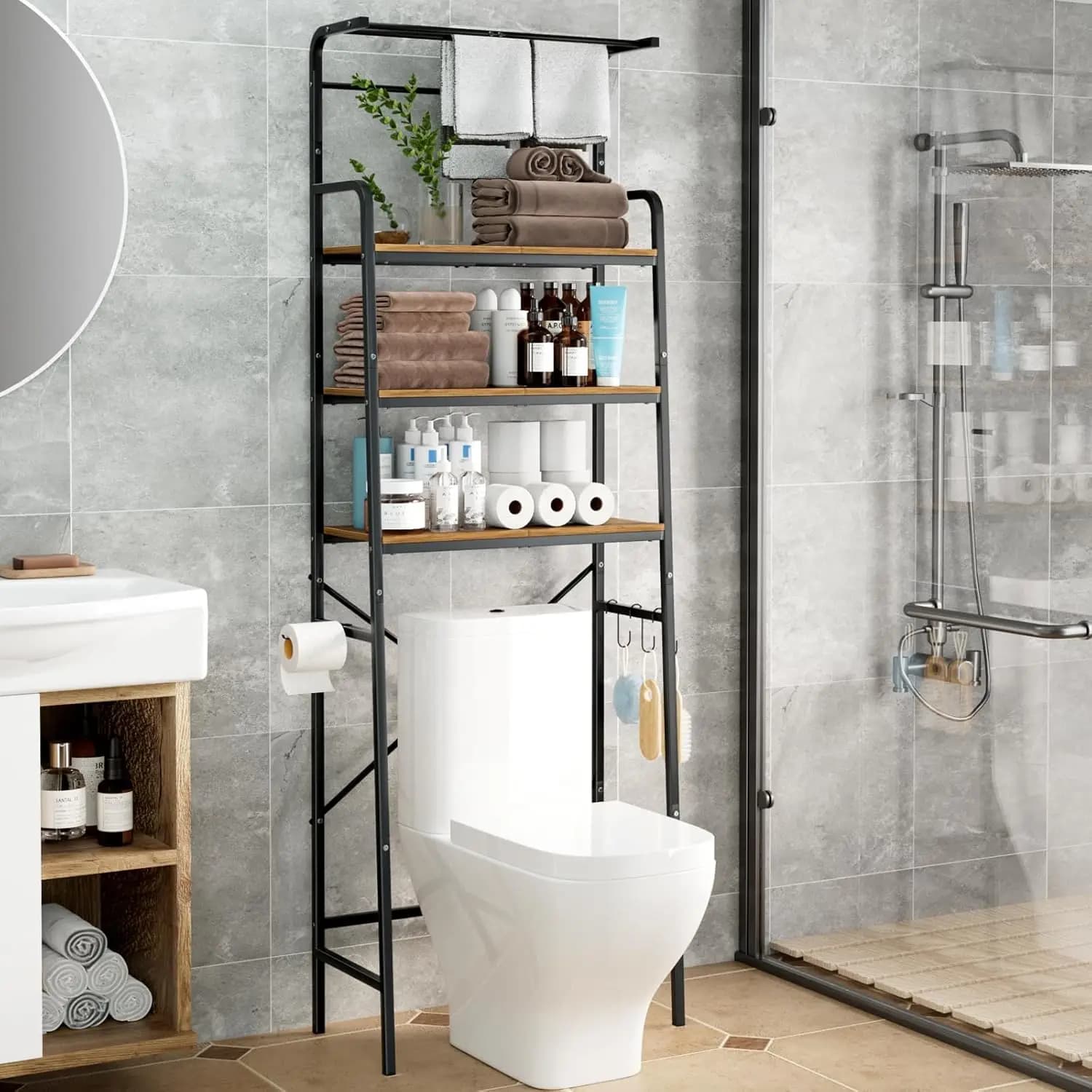 Scaffale portaoggetti sopra il WC, organizer bagno a 3 livelli con barra appendiabiti, struttura in metallo industriale con ripiani in legno rustico