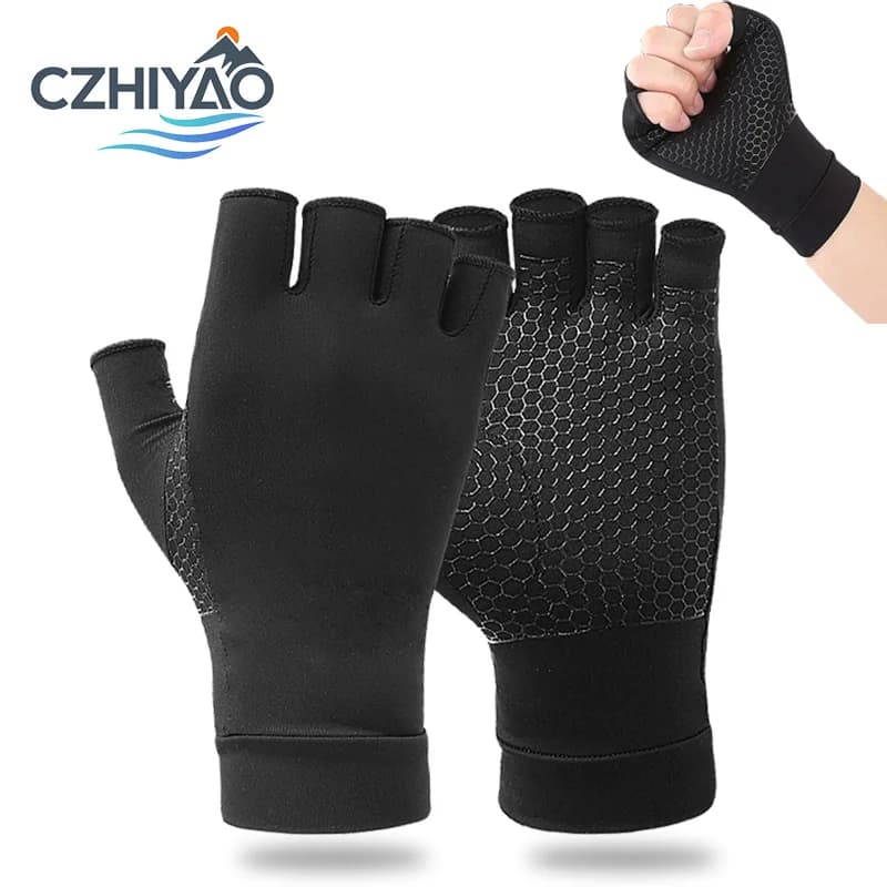 CZHIYAO Copper Fiber Fingerless Compression Gloves Anti-slip Palm Cushion Sports Gloves For Gym Typing Hand Joint Support