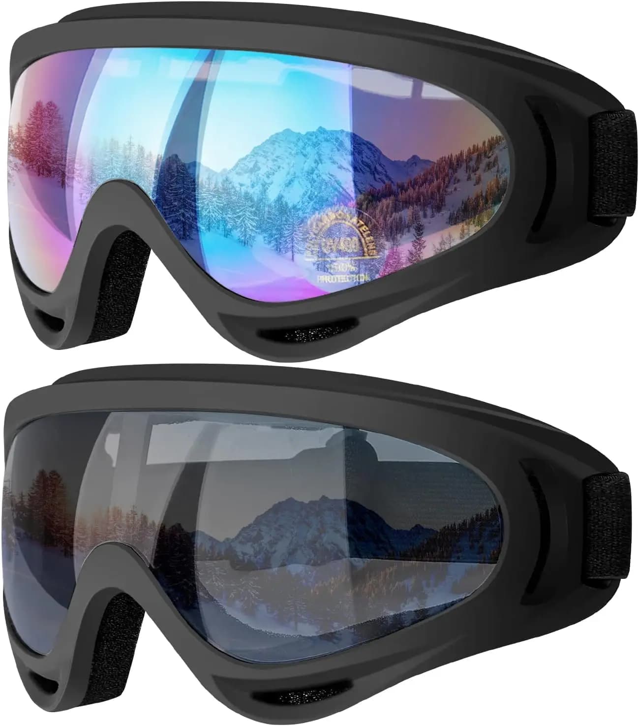 Confezione da 2 occhiali da sci e snowboard per uomo, donna, bambino - Protezione UV, antigraffio, antipolvere