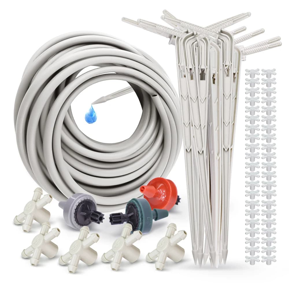 20M 2/4/8L Compensante Contagocce Kit di Irrigazione a Gocciolamento 10Set 4Way Gomito Freccia Sistema di Irrigazione Serra Giardino Verdura Gocciolamento