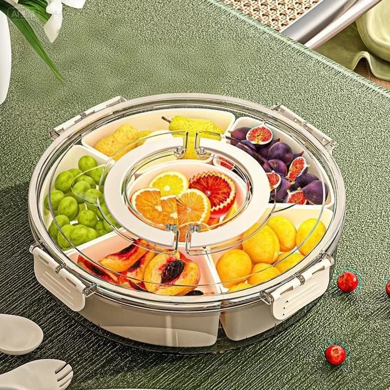 Piatto per snack di frutta secca per conservazione degli alimenti a sei griglie, contenitore girevole, vassoio per snack e verdure con coperchio e mano