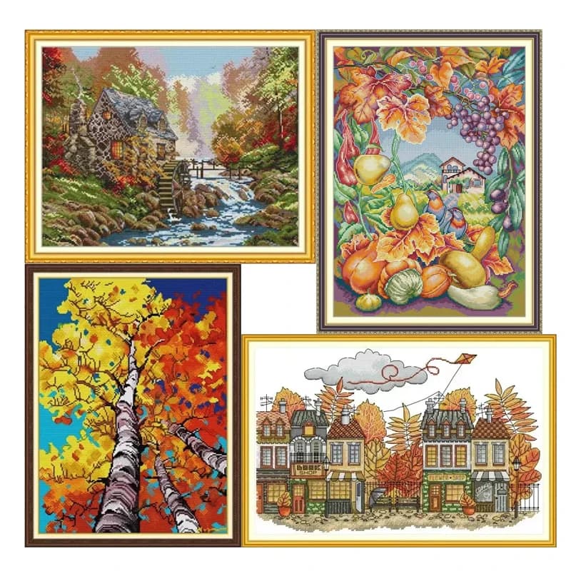 Joy Sunday Autumn Scenery Cross Stitch Kits Aida 16CT 14CT 11CT Fabric Printed Embroidery Set DIY Hand Sewing Needle Home Decor