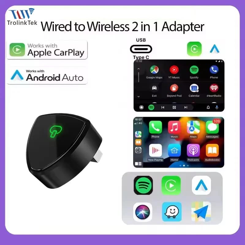 2025 Wireless Carplay Adapter 2 in 1 Smart Mini Box BT Auto Connect Plug And Play WiFi Fast connection for Volvo Benz MG Kia MAZDA