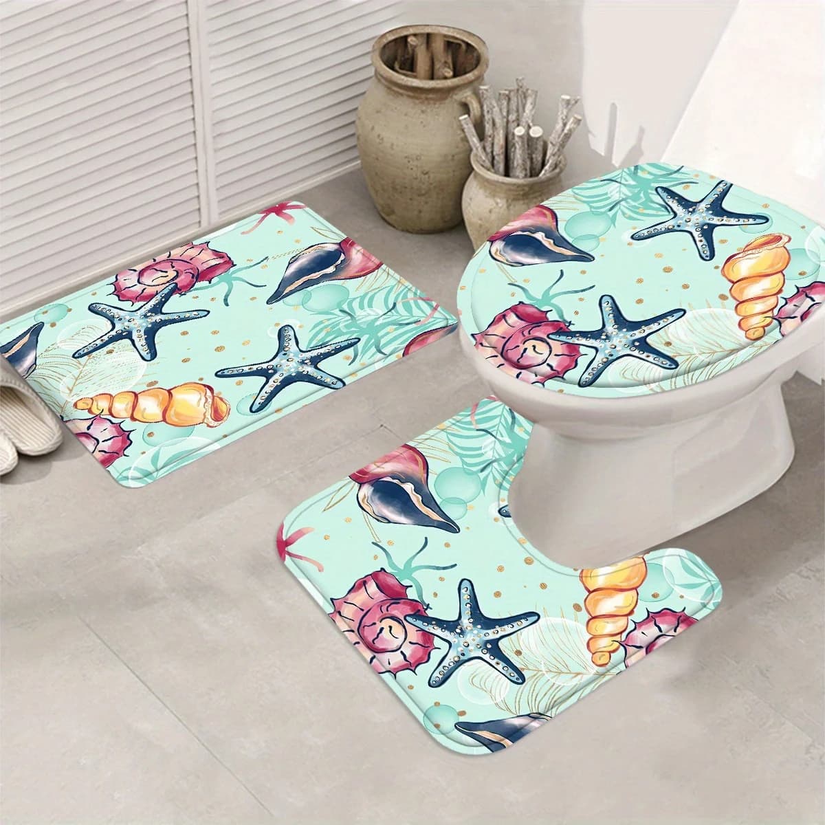 Set tenda da doccia Undersea World, inclusa tenda da doccia impermeabile, tappetino da bagno antiscivolo, copriwater e tappeto a forma di U