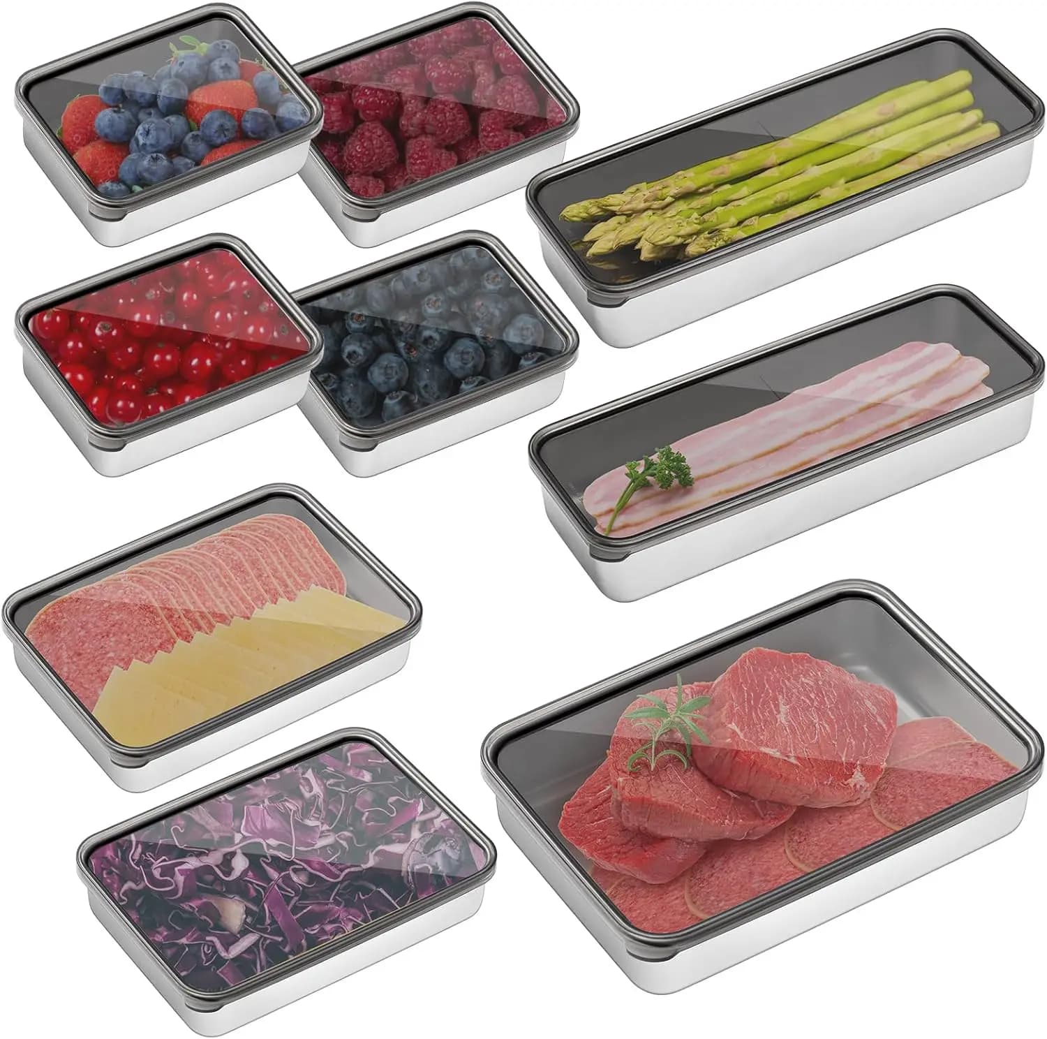 Set of 9 Airtight Containers in Stainless Steel for Food, Dishwasher Washable, for Fridge, Lunch and Fruit, with Covers in 4 Measures