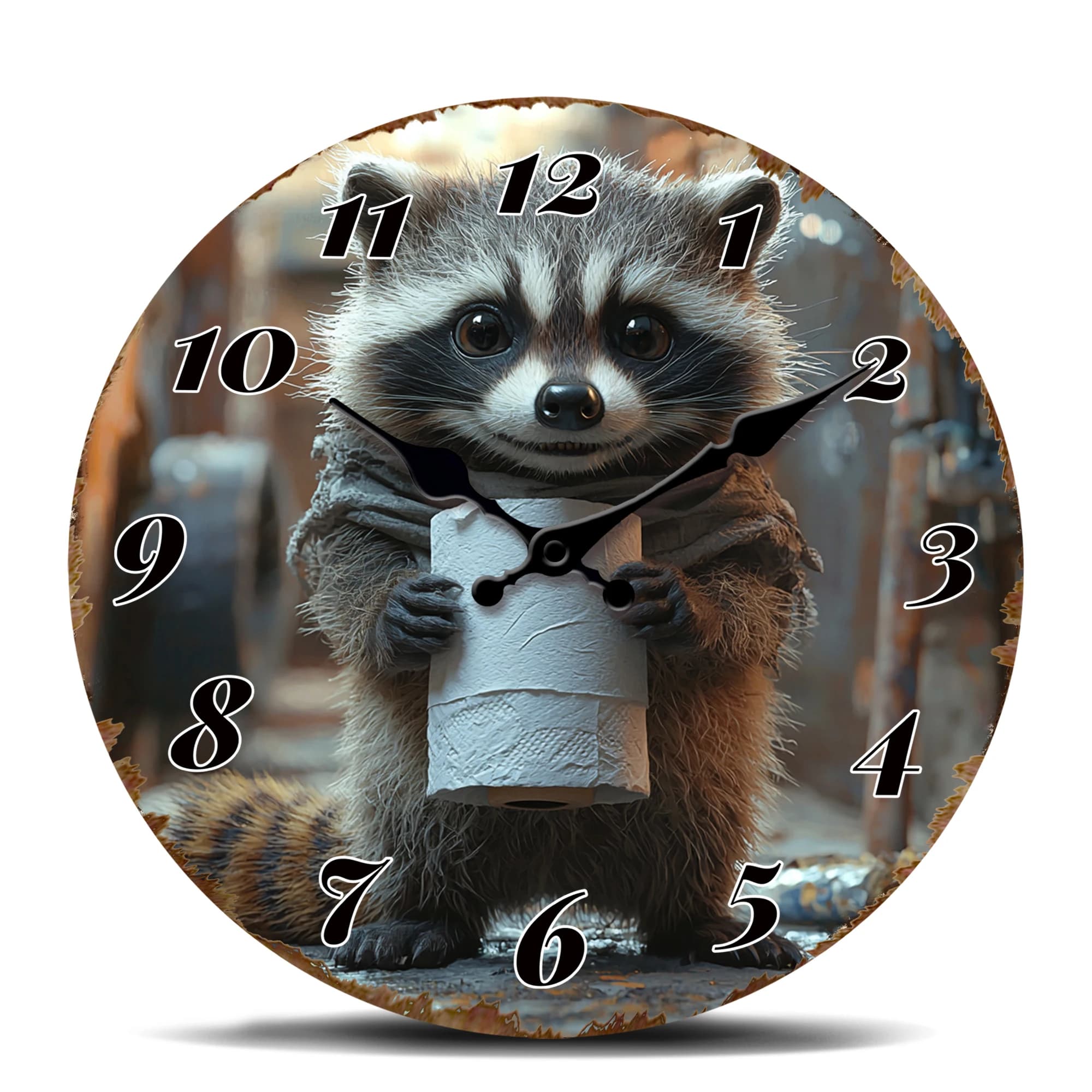 Round Wall Clock with Adorable raccoon Tiene Hygienic Paper - Funny Decoration with Wild Animals and Fantasous Touch