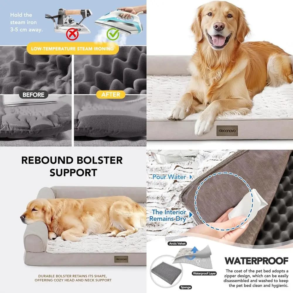 Divano letto per cani a forma di C, grande, in schiuma a nido d'ape, velluto color kaki, impermeabile e antiscivolo, rivestimento lavabile, 42x31x8
