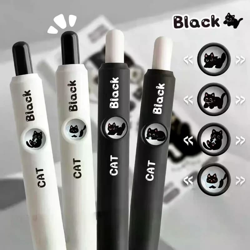 4 Pezzi Penne Gel con Motivo Gatto Kawaii 0.5mm, Inchiostro Nero ad Asciugatura Rapida, Scrittura Fluida, Penne Retrattili, Cancelleria Scolastica, Regalo di Compleanno