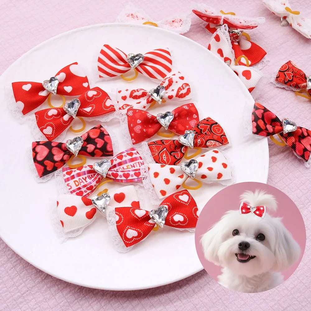 60 pezzi fiocchi per cani con stampa a cuore per San Valentino decorazione in pizzo diamanti fiocchi per cuccioli forniture per animali dolci per cani forniture per toelettatura
