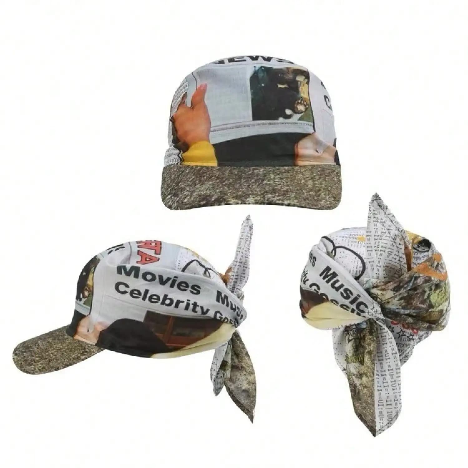 Y2K Streetwear News Vintage Camouflage Print Hat with Brim Durag Headscarf Sun Hat