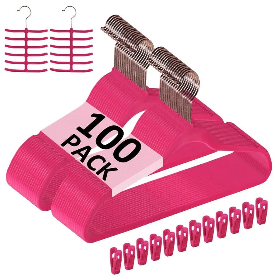 Velvet coat rack Premium, Robusti, Pack of 100, Anti-slip and Spacer with 12 Clips and 2 Hooks for Ties, Excellent
