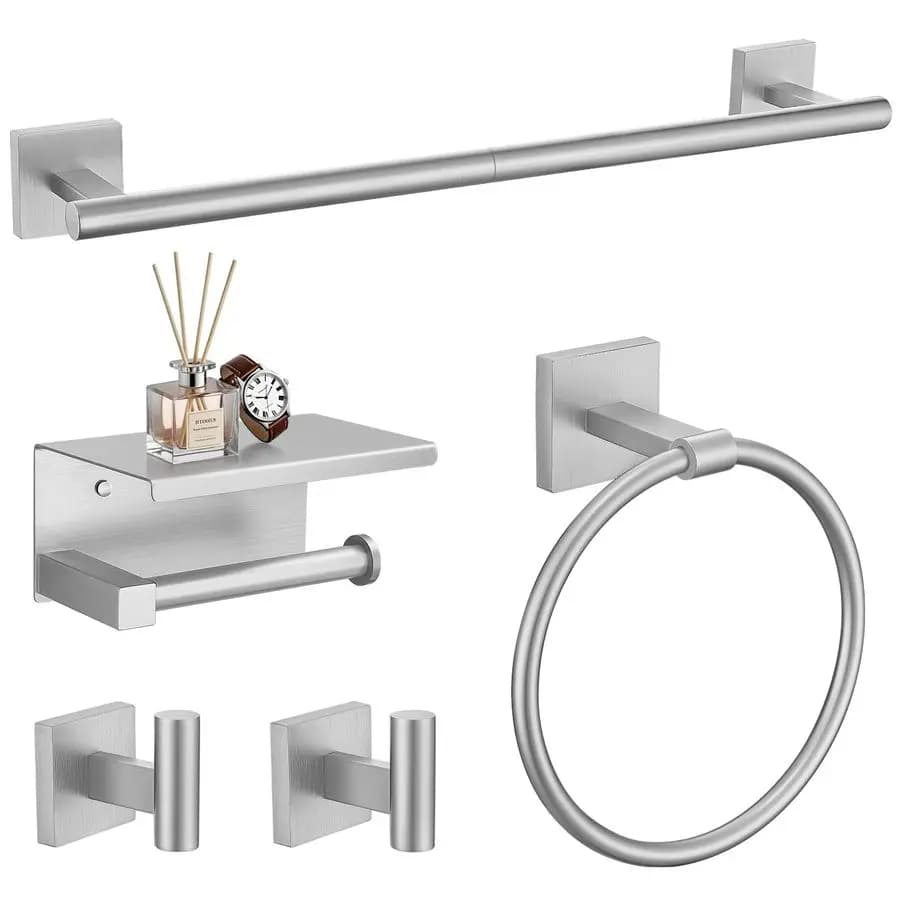 Set di accessori per il bagno in nichel spazzolato da 5 pezzi Set di portasciugamani in acciaio inossidabile SUS304 da 23,6 pollici Porta carta igienica quadrata a parete