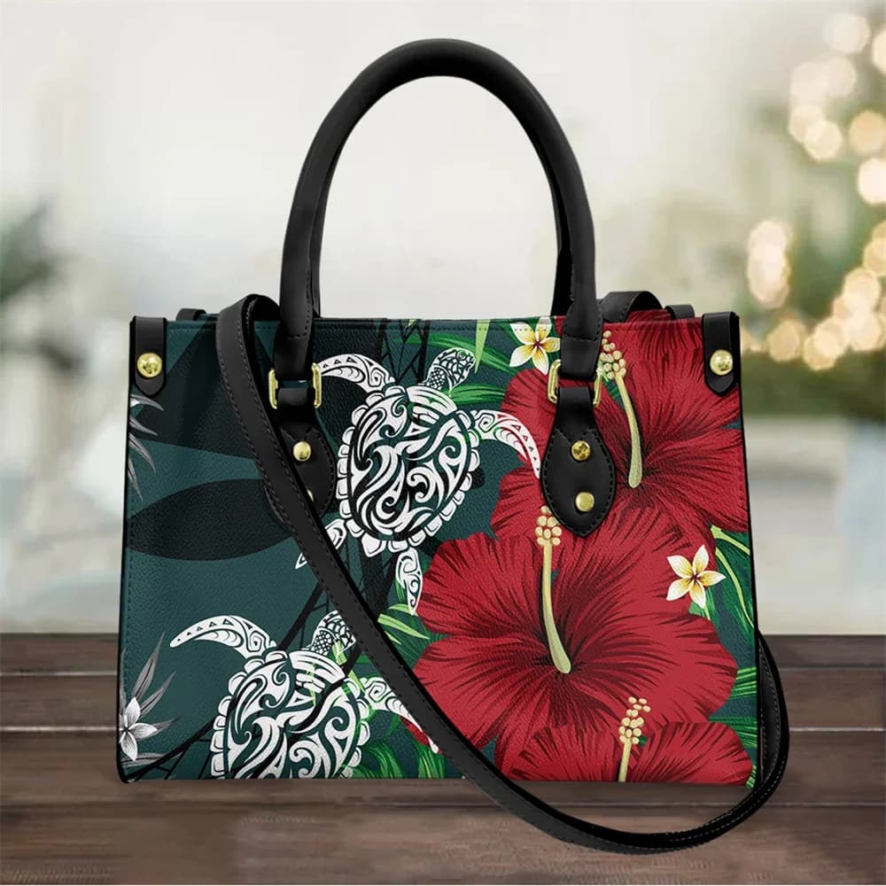 Borsa a Tracolla con Stampa Tribale Polinesiana per Donne, Motivo Hawaiano con Fiori di Ibisco e Tatuaggi di Tartarughe Marine, Borsa in Pelle Femminile