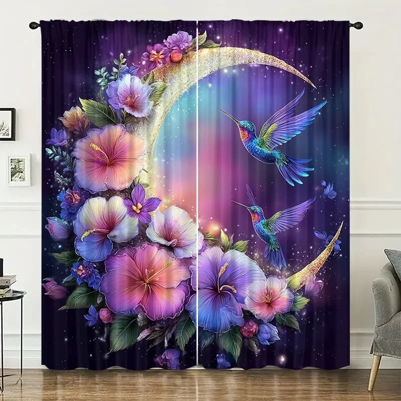 Colorful flower, moon animal and bird curtains installed using pocket rod method, suitable for bedrooms, living rooms, balconies