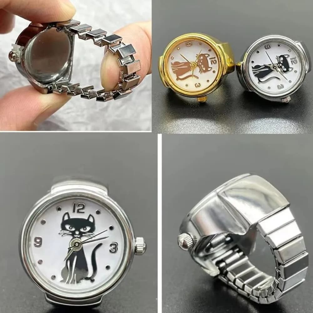 Vintage Creative Finger Ring Watch Gold Round Quartz Watch Alloy Silver Cat Dial Clock Men