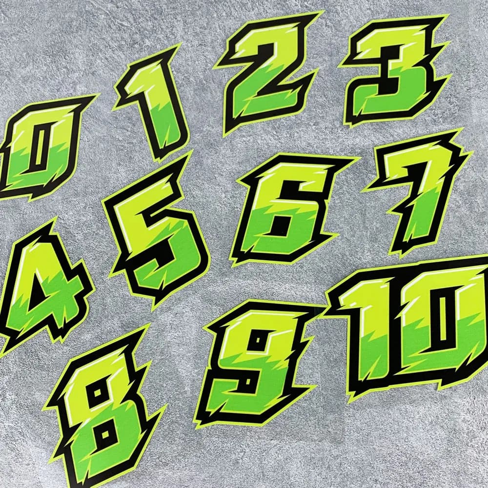 Numero verde 012345678910 adesivi moto per casco moto serbatoio carburante carenatura stile sportivo decalcomanie in vinile da 0 a 9 decorazioni