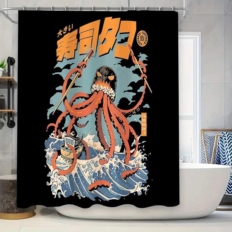 Tenda da doccia Samurai con polpo ondulato giapponese Washoku Anime Decor Set da bagno di arte giapponese Decorazioni per la casa in stile giapponese