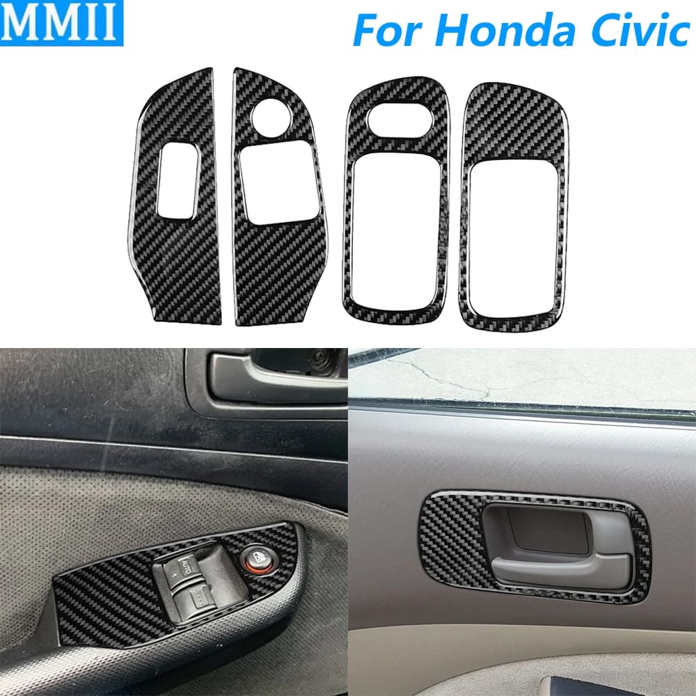 Per Honda Civic 2003 2004 2005 Maniglia per porta in fibra di carbonio Interruttore per alzacristalli Pulsante Pannello di controllo Copertura Accessori auto Adesivo