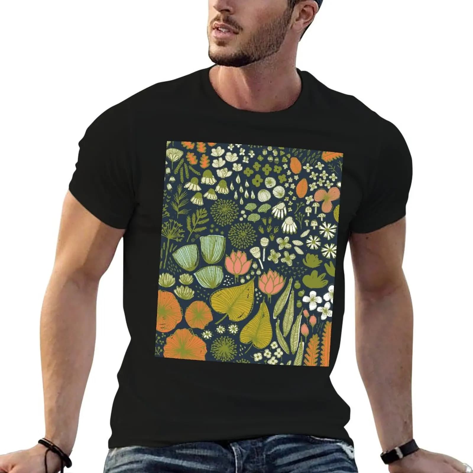 Botanical Sketchbook M+M Navy by Friztin T-Shirt Anti-Perspiration Workout Top