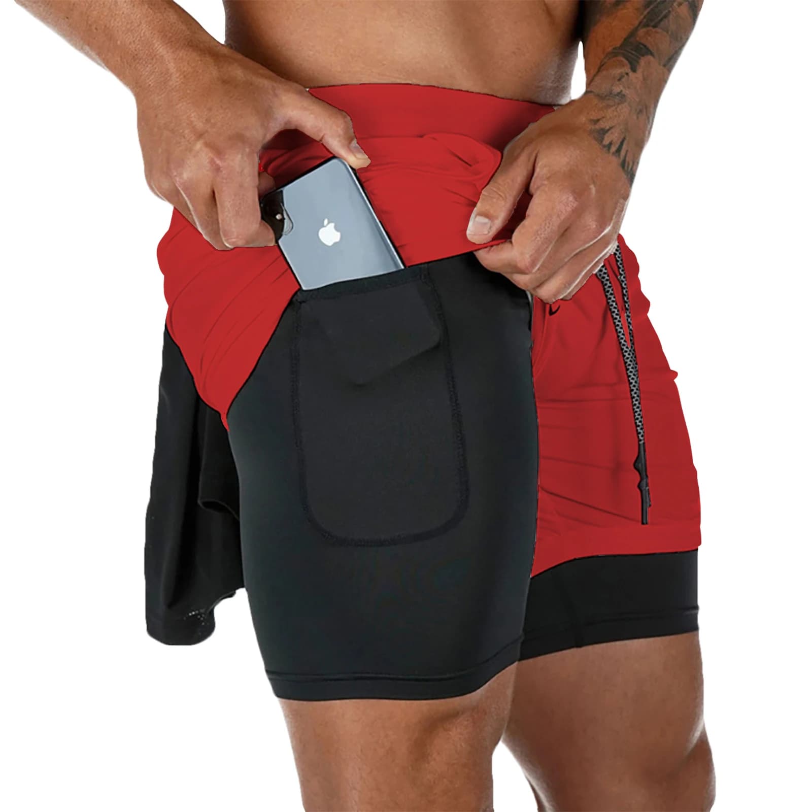 Summer Men's Double Layer Fitness Shorts Drawstring Mesh Lining Elastic Waist Breathable Quick Dry to Beach Pool Male