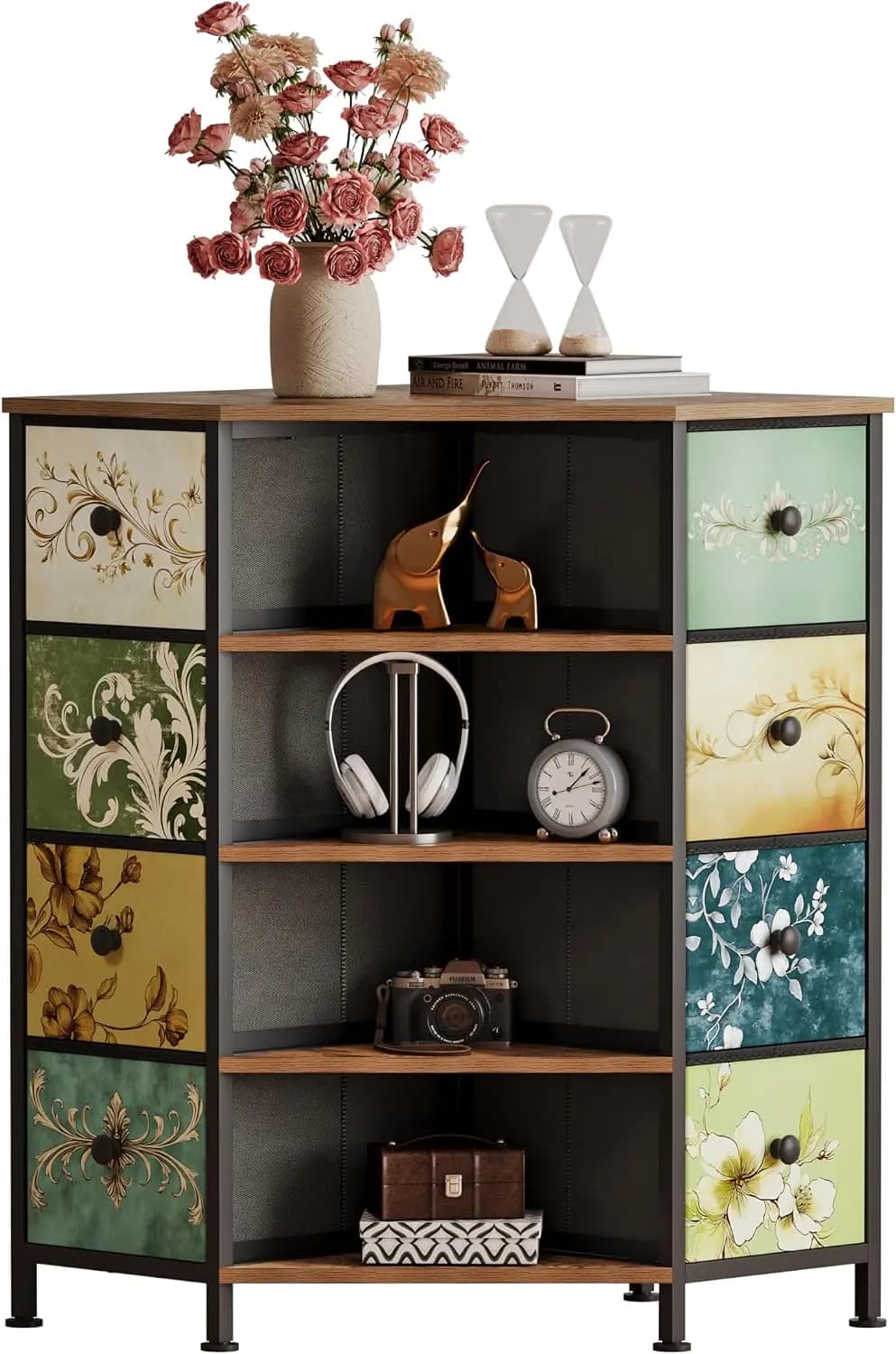 8 Drawer Corner Dresser With Fabric Storage Drawers And Wood Top Shelf Freestanding Corner Storage Tower Tall Organizer Rack With Steel Frame Furniture For Bedroom Living Room Closet Brown 1 Pack
