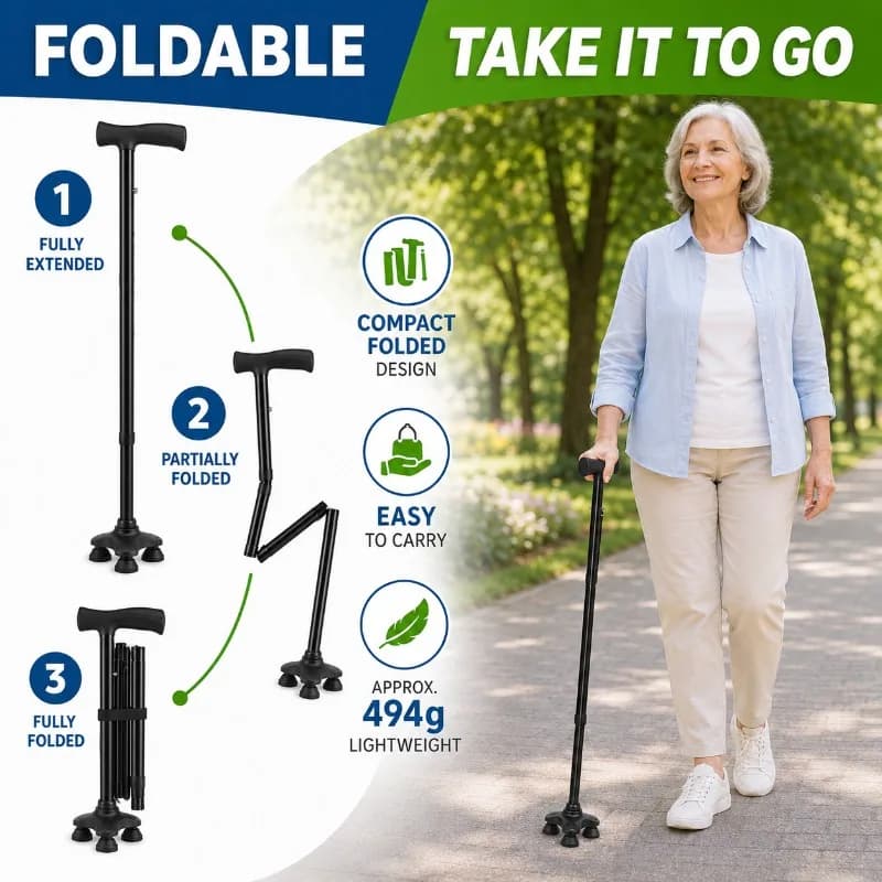Folding Walking Stick Compact 3-Section Structure Easy To Carry Non-Slip Rubber Tips for Elderly Travel Hiking Household Mobility Support walking cane trekking poles