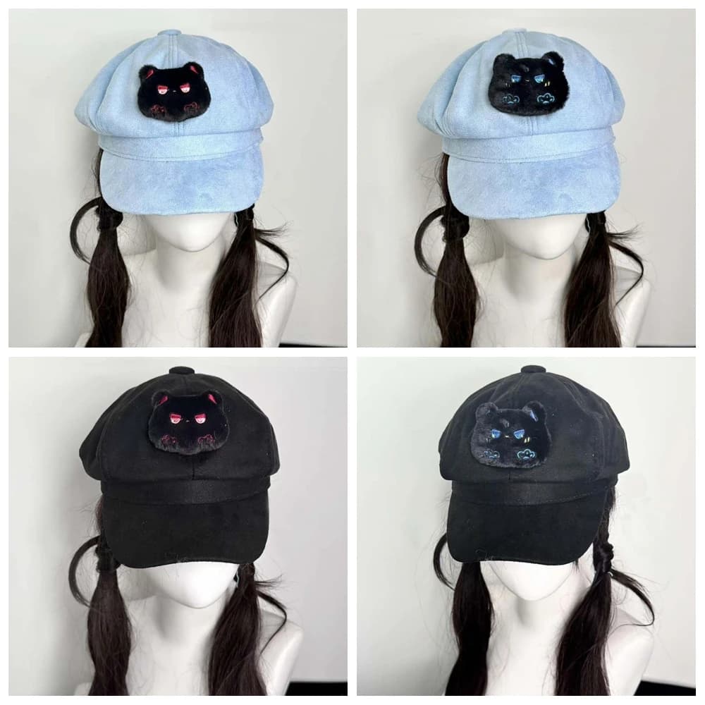 Original handmade octagonal hat for woman, Harajuku style, with black bear, women's cap, sweet, cool, kawaii, vintage, for girls.