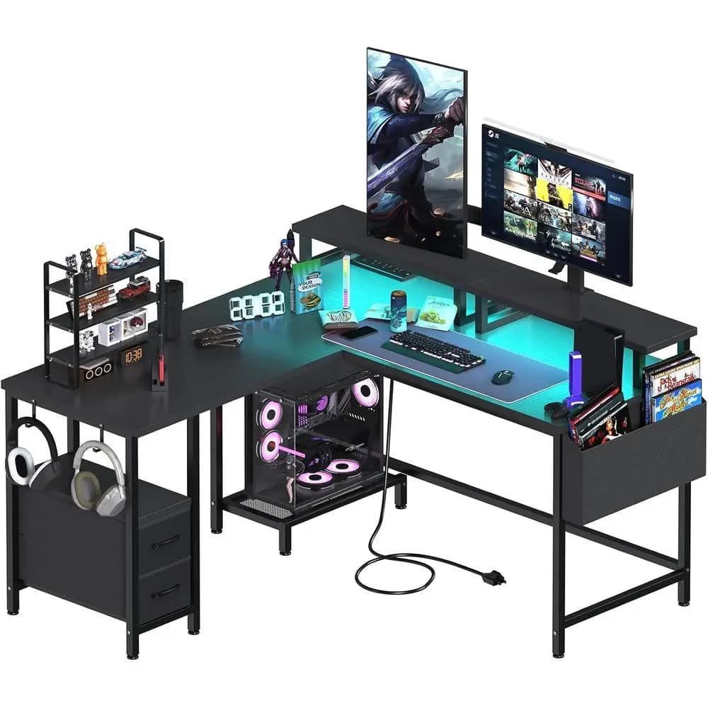 L Gaming desk with LED lights and current sockets, 47-inch home office desk with Monitor and shelves support, for Writing, Studio and Computer