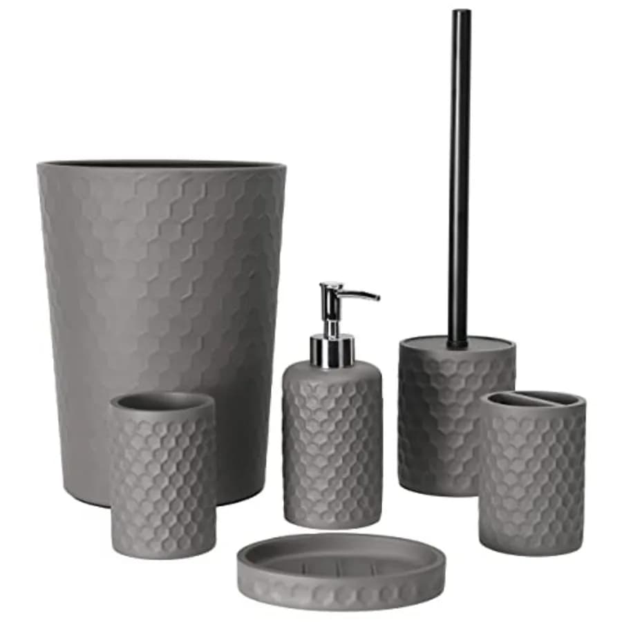 Set di Accessori per il Bagno, 6 Pezzi Grigio con Cestino, Portaspazzolino, Bicchiere per Spazzolino, Dispenser Sapone