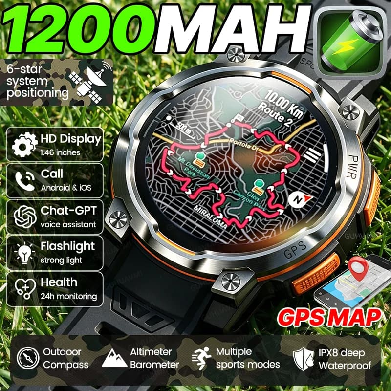 New Outdoor GPS Map Built-in 1200mAh Battery Smart Watch Compass Chat-GPT Bluetooth Call IPX8 Waterproof Sports Men Smartwatches