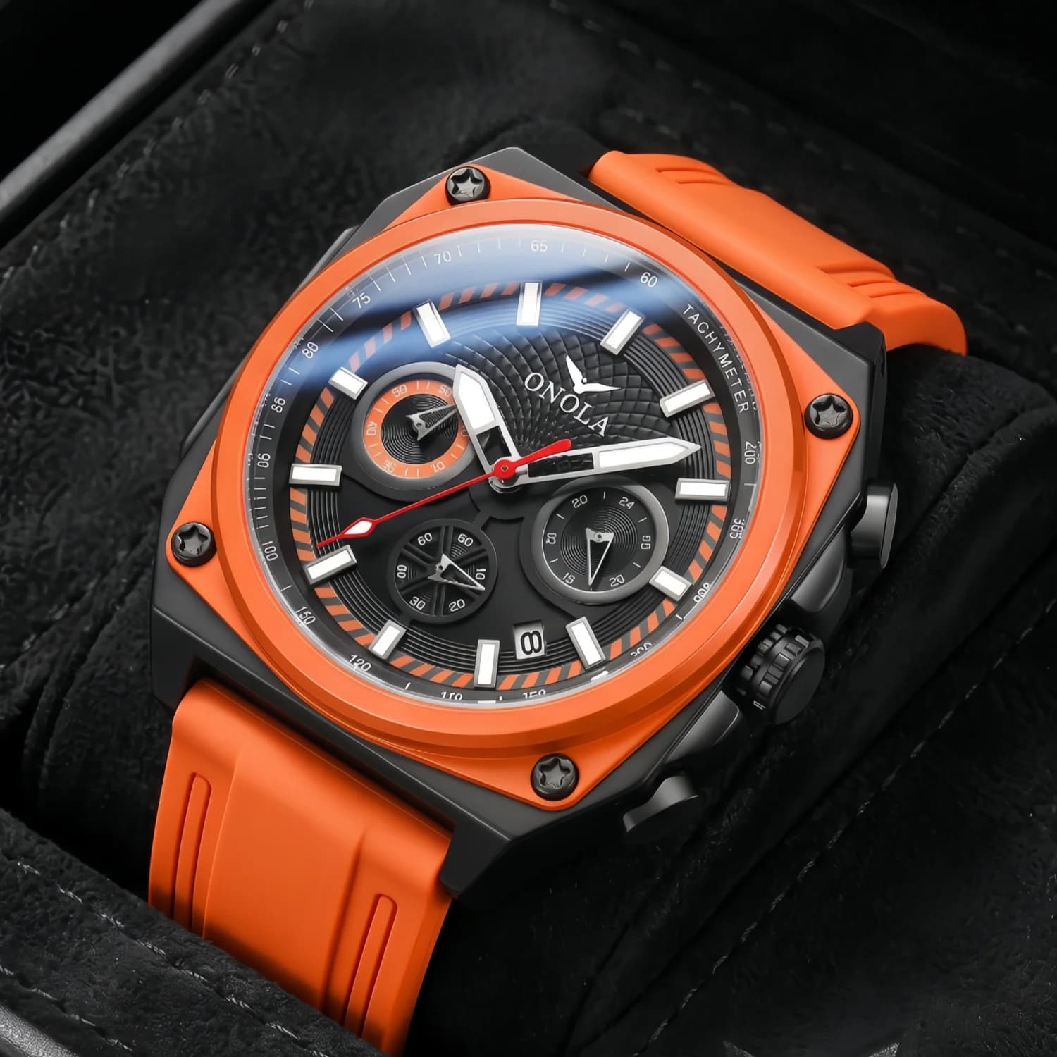 ONOLA Round Men's Quartz Watch Silicone Strap Speedometer Bezel Multifunctional Small Dial Date Display Waterproof Sports Watch