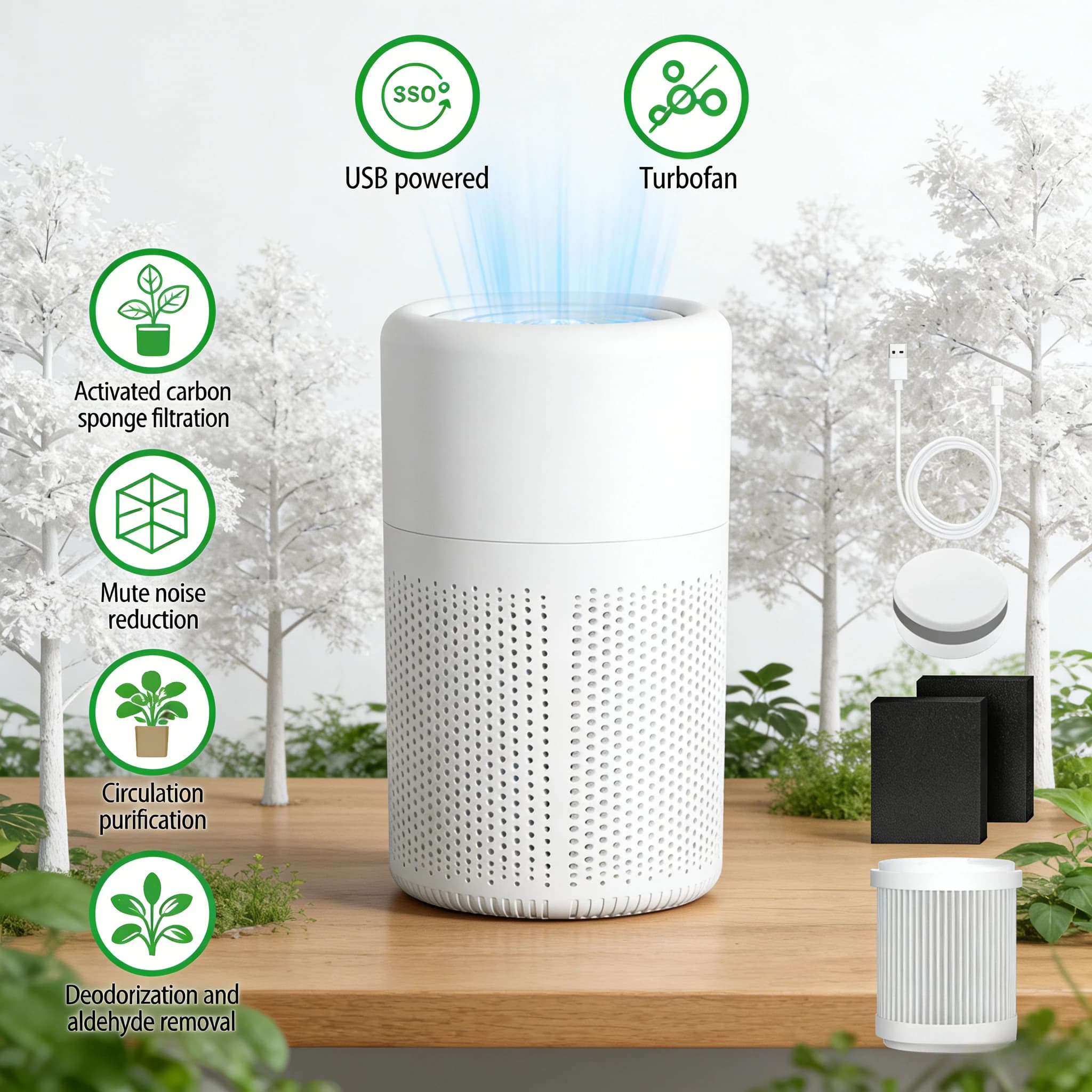 Purificatore d'aria per casa, ufficio, camera da letto, silenzioso, per animali domestici, allergie al formaldeide, filtro HEPA, ioni negativi, alimentato tramite USB