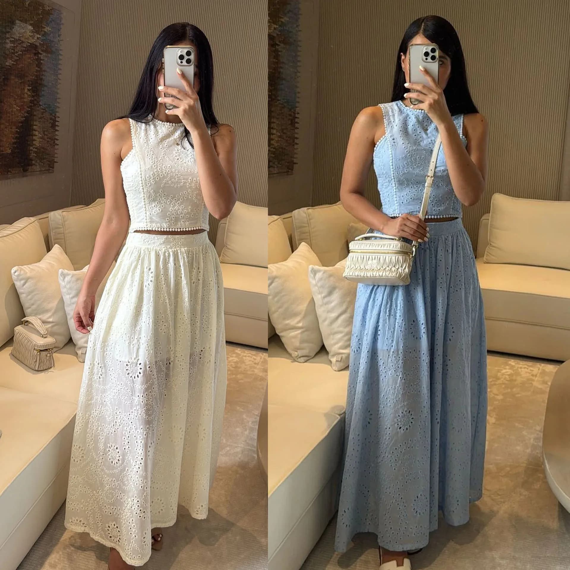 Completo Estivo Casual con Top e Gonna con Bordo in Pizzo, Set Due Pezzi per Vacanze, Moda Femminile con Collo Tondo e Maniche Corte