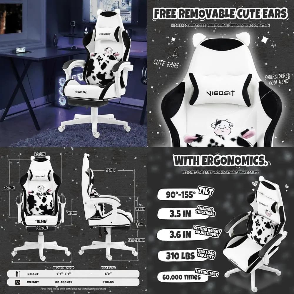 Sedia da Gaming Ergonomica con Stampa Mucca e Supporto Lombare per Adulti - Sedia da Ufficio in Pelle PU con Schienale Alto