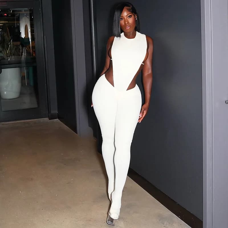 Hot Girl J25ST290 Cross-Border Two-Piece Set Sleeveless Hollow out Bodysuit Tight Long Pants High Waist Long Leggings