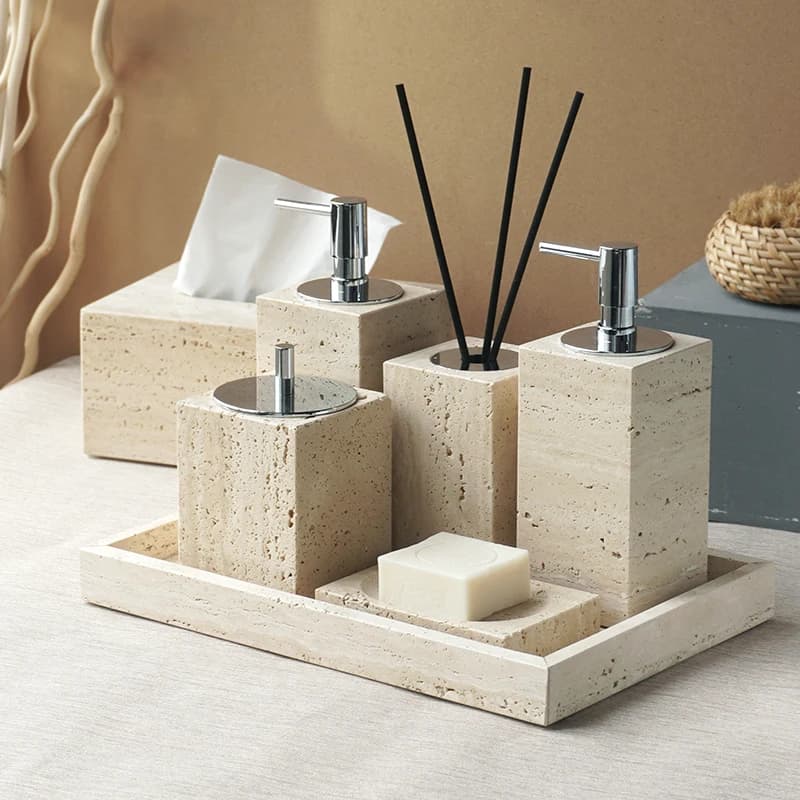 Set di accessori da bagno in travertino beige, dispenser di sapone in marmo naturale, portasapone, diffusore di ance, vassoio da bagno