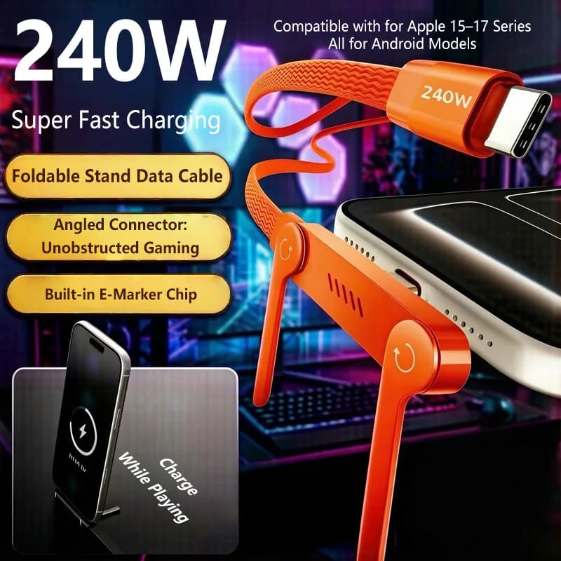 Cavo pieghevole 2in1 Type-C da 240W e supporto per cellulare, cavo dati a ricarica rapida, supporto multifunzione per la ricarica del telefono, cavo doppio PD