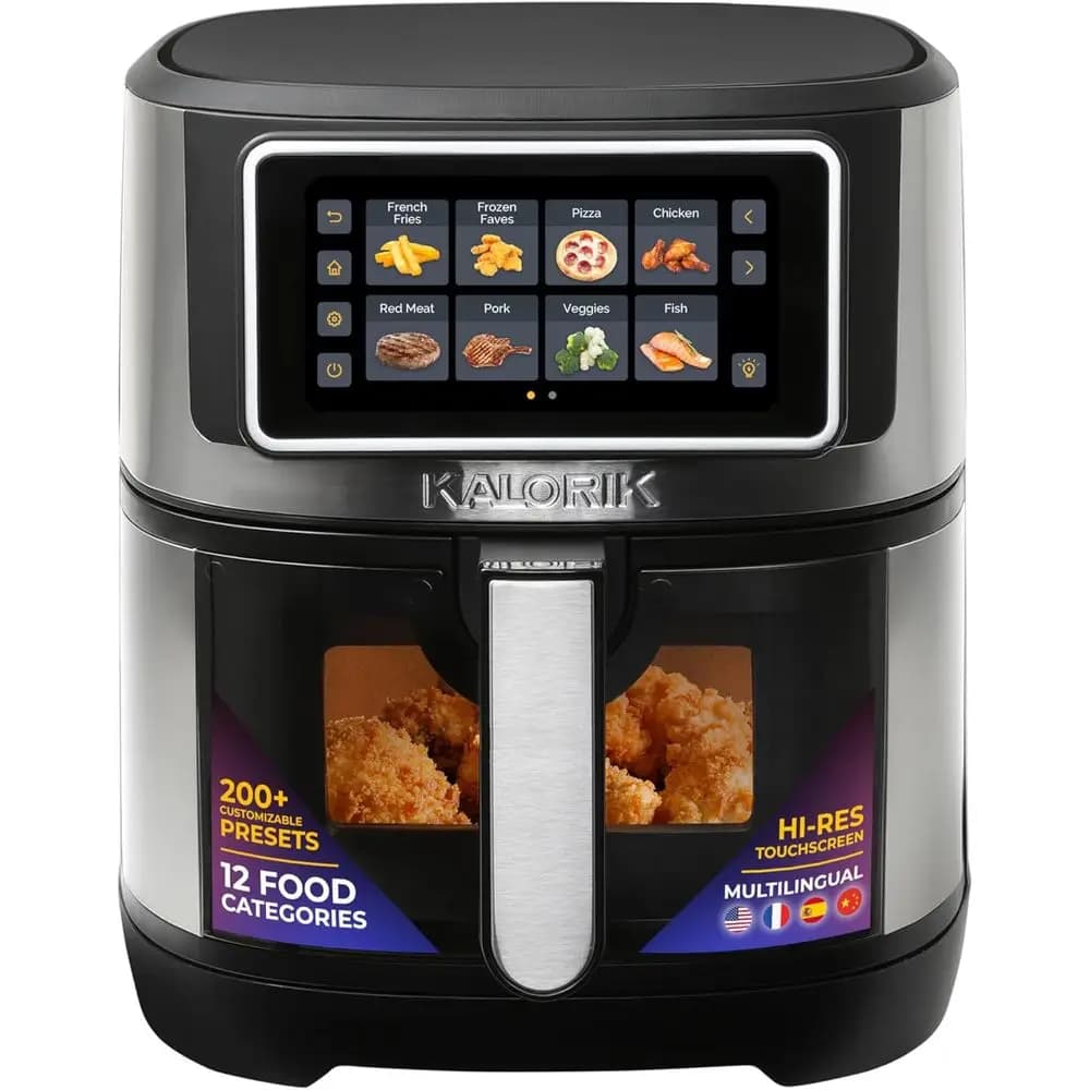 5 liters high resolution touchscreen, 12 food categories and 202 cooking presets, 1500 watt stainless steel