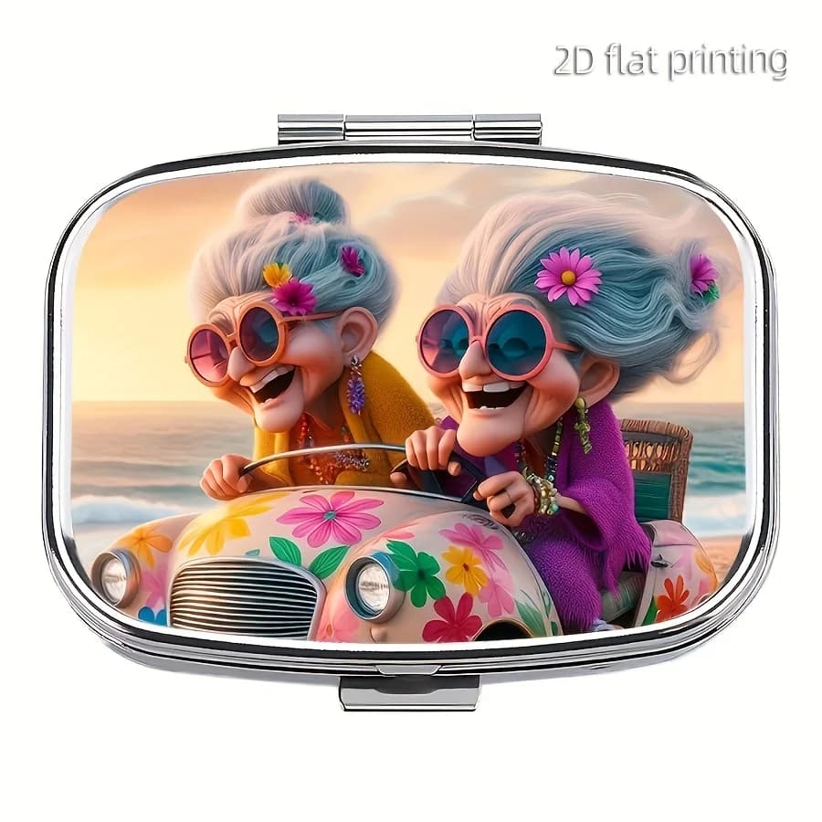 Personal Pill Organizer Box, 1-Piece Whimsical Driving Grandma-Style Pill Box with 2 Compartments, Metal Pill Box with Secure Closure, Compact Travel Organizer, Suitable for Vitamins and Supplements, Ideal Gift for Health-Conscious People, Wallet Pill Box