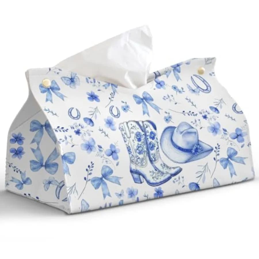 Blue Western Cowgirl Tissue Box Cover Rectangle, Blue and White Floral Toilet Paper Box Holder, Leather Decorative Facial Paper